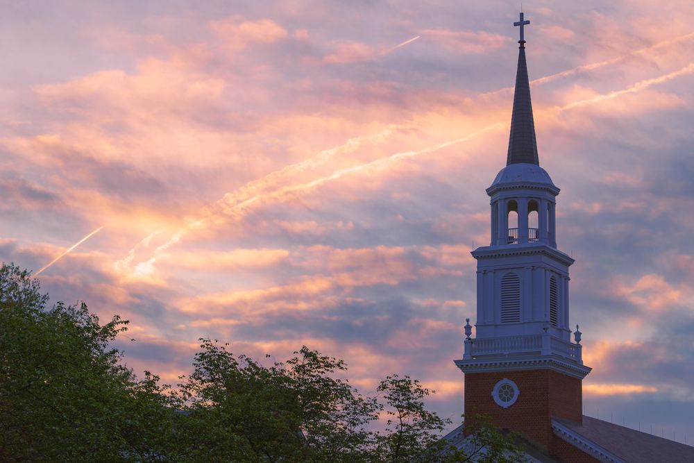 Hood College steeple against the sky, Frederick, MD, landscape photography by Campbell Shepard